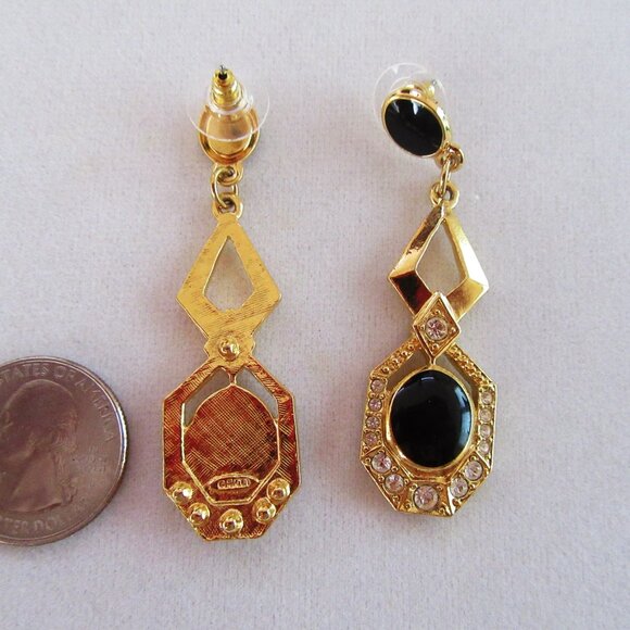 Avon faux onyx & clear rhinestone dangling pierced earrings - Victorian Revival - Picture 7 of 7